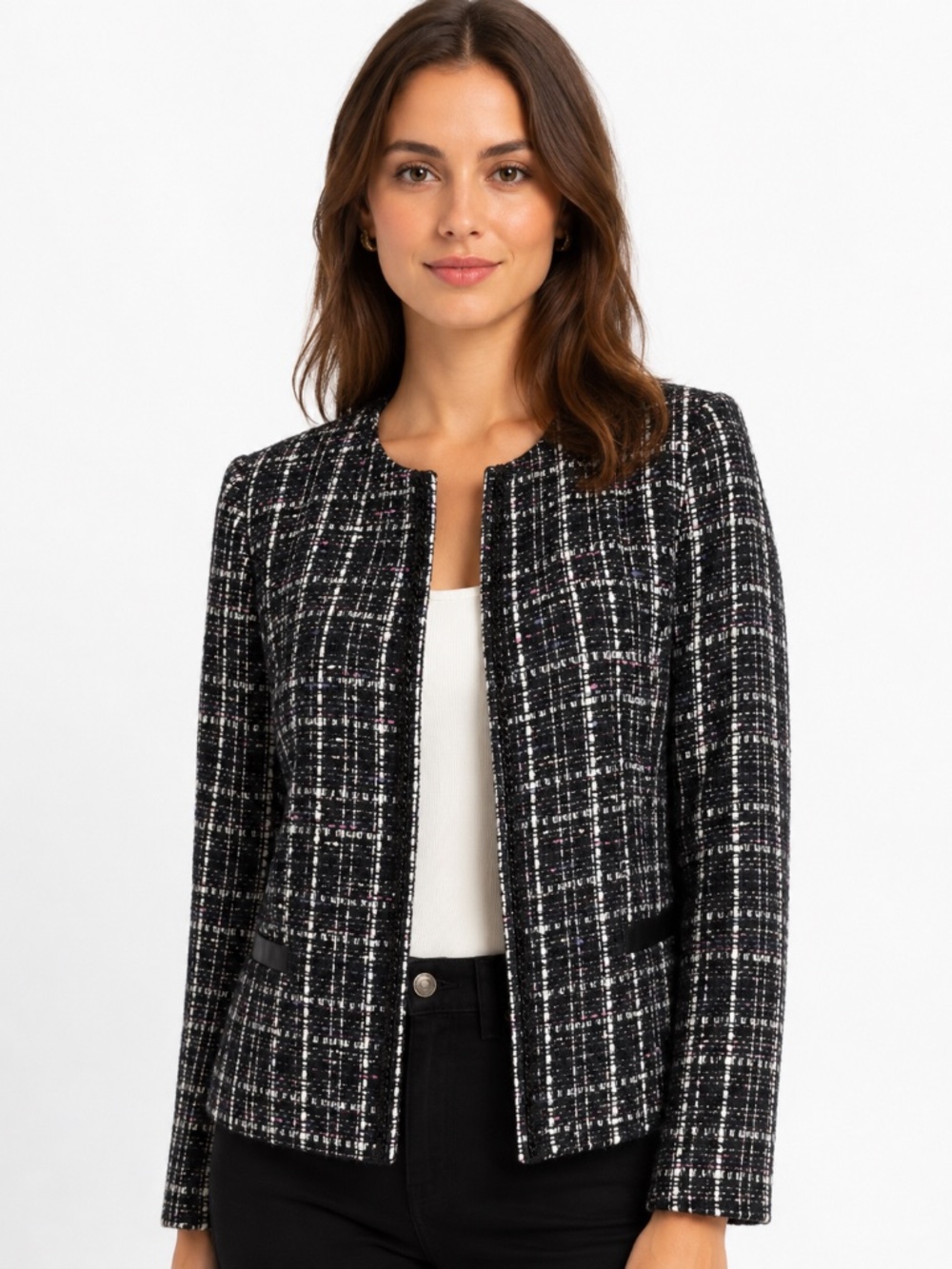 NWT Tahari ASL PetiteTweed Collarless Plaid Blazer Jacket 8P Coquette Academia